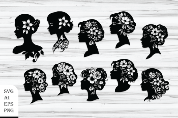 Decorative Floral Women Heads Graphics for Crafts