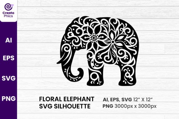 Floral Decorative Elephant Silhouette for Graphics and Crafts